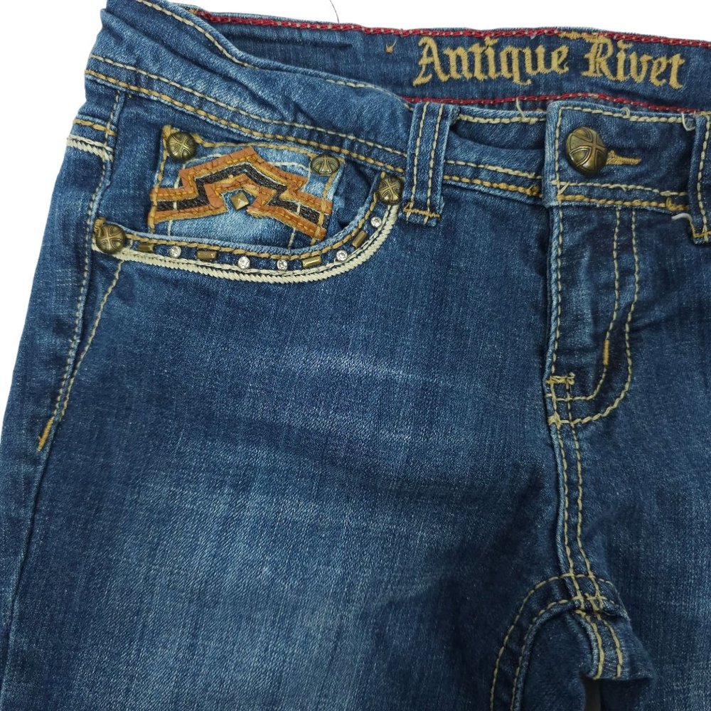 Antique Rivet Jeans BootCut Western Low Rise Sz 29 Rhinestone Stretch Distressed - Picture 13 of 14